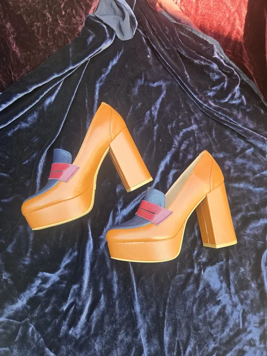 Bamboo Colorblock Platform Loafer Heels Orange Navy Red Chunky Heel Size 7 - Picture 2 of 5